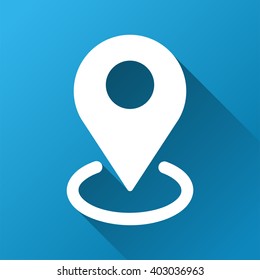 Geo Targeting vector toolbar icon for software design. Style is a white symbol on a square blue background with gradient long shadow.