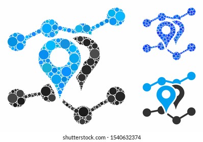 Geo trends composition of filled circles in various sizes and color tones, based on geo trends icon. Vector filled circles are composed into blue collage.