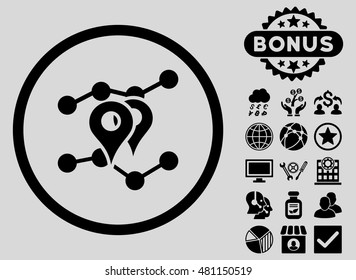 Geo Trends icon with bonus. Vector illustration style is flat iconic symbols, black color, light gray background.