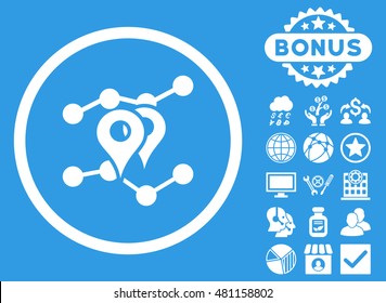 Geo Trends icon with bonus. Vector illustration style is flat iconic symbols, white color, blue background.