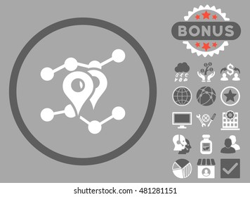 Geo Trends icon with bonus. Vector illustration style is flat iconic bicolor symbols, dark gray and white colors, silver background.