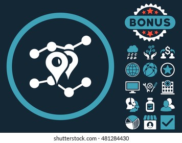 Geo Trends icon with bonus. Vector illustration style is flat iconic bicolor symbols, blue and white colors, dark blue background.