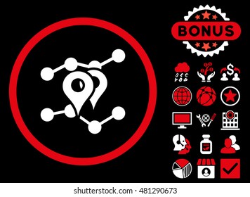 Geo Trends icon with bonus. Vector illustration style is flat iconic bicolor symbols, red and white colors, black background.