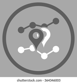 Geo Trends vector icon. Style is bicolor flat circled symbol, dark gray and white colors, rounded angles, silver background.