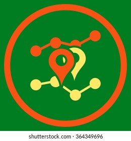 Geo Trends vector icon. Style is bicolor flat circled symbol, orange and yellow colors, rounded angles, green background.