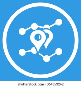 Geo Trends vector icon. Style is flat circled symbol, white color, rounded angles, blue background.
