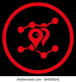 Geo Trends vector icon. Style is flat circled symbol, red color, rounded angles, black background.