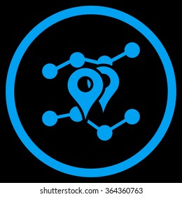 Geo Trends vector icon. Style is flat circled symbol, blue color, rounded angles, black background.