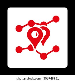 Geo Trends vector icon. This flat rounded square button uses red and white colors and isolated on a black background.