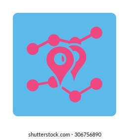 Geo Trends vector icon. This flat rounded square button uses pink and blue colors and isolated on a white background.