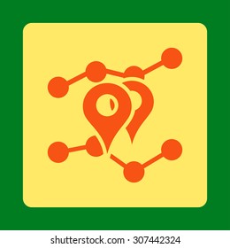 Geo Trends vector icon. This flat rounded square button uses orange and yellow colors and isolated on a green background.
