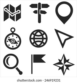 Geo web and mobile logo icons set in flat design. Vector symbols of  globe, flag, map, cursor, marker, signpost, loupe, compass