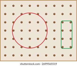 Geoboard with elastic bands forming a circle and a rectangle on a pegboard background. Educational geometry board concept for kids, STEM learning tool.