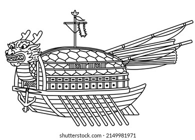 A Geobukseon, also known as turtle ship, was a type of large Korean warship that was used by the Royal Korean Navy during the Joseon dynasty. Vector line art illustration.