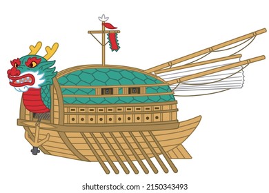 A Geobukseon, also known as turtle ship, was a type of large Korean warship that was used by the Royal Korean Navy during the Joseon dynasty. Vector illustration.