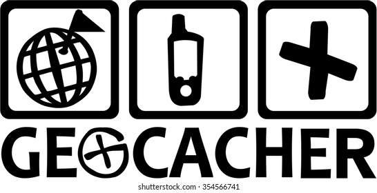 Geocacher with geocaching icons