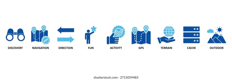 Geocaching banner web icon set In Blue Style vector illustration foricon of discovery, navigation, direction, fun, activity, gps, terrain, cache and outdoor