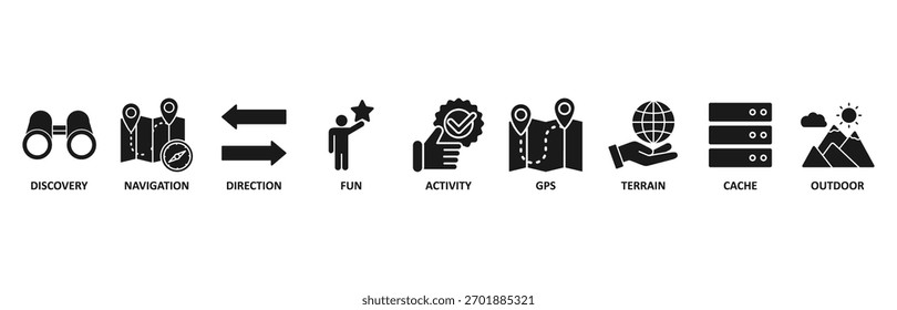 Geocaching banner web icon vetor ilustração foricon of discovery, navegação, direção, diversão, atividade, gps, terreno, cache e exterior