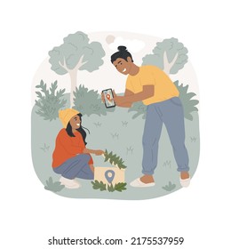 Geocaching isolated cartoon vector illustration. Outdoor recreational activity, child and adult opening a box, using mobile phone gps, treasure-hunting in nature, family travel vector cartoon.