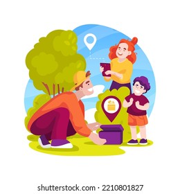Geocaching isolated cartoon vector illustration. Outdoor recreational activity, child and adult opening a box, using mobile phone gps, treasure-hunting in nature, family travel vector cartoon.