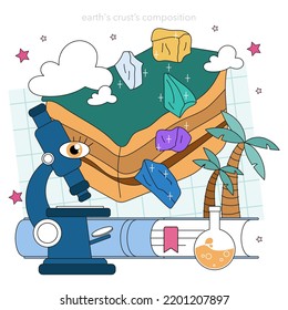 Geochemist concept. Scientist study structure, evolution and dynamics of the Earth. Chemical of the solid, liquid, and gaseous substances that constitutes the planet. Flat vector illustration