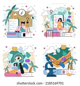 Geochemist concept set. Scientist study structure, evolution and dynamics of the Earth. Chemical structure of the solid, liquid, and gaseous substances of the planet. Flat vector illustration