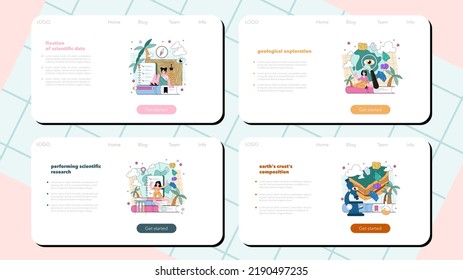 Geochemist web banner or landing page set. Scientist study structure, evolution and dynamics of the Earth. Chemical structure of the solid, liquid, and gaseous substances. Flat vector illustration