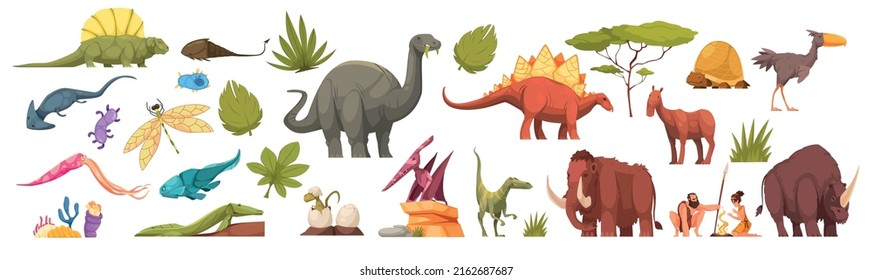 Geochronological era flat color set of predators and herbivores cartoon characters lived in different periods of antiquity isolated vector illustration