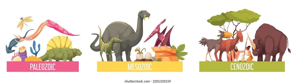 Geochronological scale set with paleozoic mesozoic and cenozoic eras isolated cartoon vector illustration