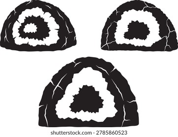 Geode silhouettes cut open, crystal formations inside rock.