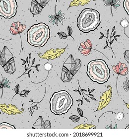 Geode Slice und Heilkristalle mit botanischen Vektorgrafiken ohne Nahtlose Muster