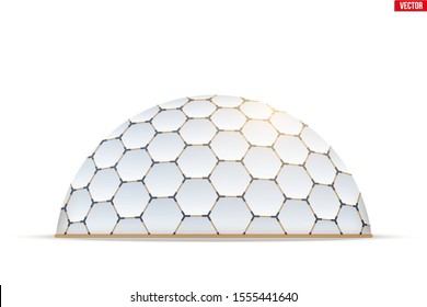 Geodesic dome of hexagon honeycombs form. Hemispherical thin-shell structure. Vector Illustration isolated on white background.