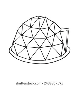 geodesic dome made of glass. Touristic hand drawn colored icon for glamping vacation. Flat line style glamping travel logo. Vector illustration.