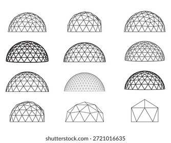 Geodesic Dome Set Vector Illustration, Wireframe and Solid Polygon Dome Structures, Futuristic Geometric Architecture Collection for Science, Technology, and Design