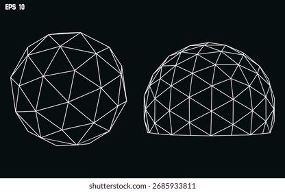 Geodesic Dome Wireframe Vector – Abstract Geometric Sphere and Hemisphere Structure, Futuristic Architectural Design, Polygon Mesh Illustration for Engineering, Science, and Modern Graphics