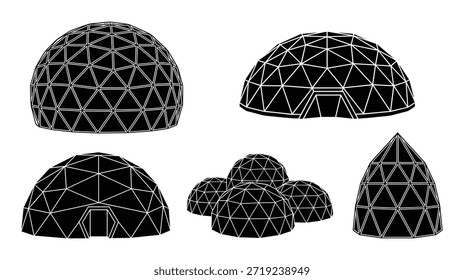 Geodesic domes vector illustration in line art sketch style. Architecture building exterior design with rounded geometric structure.
