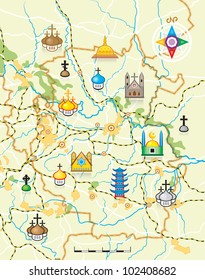 Geodesic Map of The Country with Landmarks. Background vector illustration with religious worship buildings pictograms.