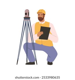 Geodesic professional or surveyor with tool for measuring and estimation. Vector flat cartoon character, isolated man in hardhat documenting results from tripod with camera. Construction site