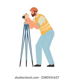 Geodesic surveyor with theodolite instrument for correct and accurate measurements. Vector flat cartoon character, isolated man in uniform working with tools and equipment for estimation