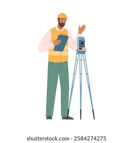 Geodesist or geodesic surveyor worker with theodolite tripod and clipboard with results of measurement. Vector flat cartoon character with professional optical instrument for industry projects