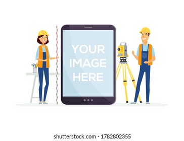 Geodesists at work - cartoon people characters illustration on white background. A man and woman in overalls with geodetic device, survey instrument, tachymeter. A tablet with place for your image