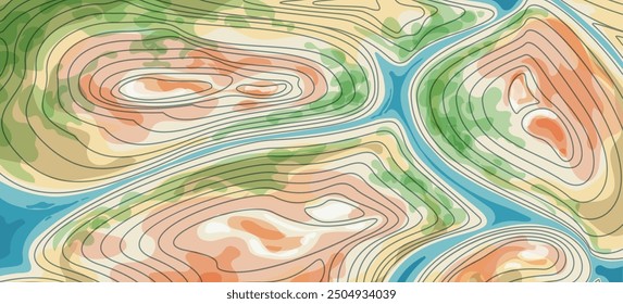 Geodesy colored map. River delta topography background isolated vector illustration