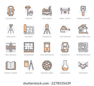 Geodesy flat line icons. Geodetic survey engineering equipment, tacheometer, theodolite, tripod. Geological research vector illustration. Construction service signs. Orange color. Editable Stroke