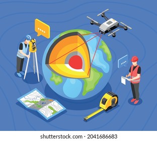 Geodesy isometric background with profile view of earth globe with map measure tape and worker characters vector illustration