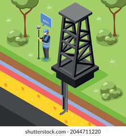 Fondo isométrico geométrico con vista de perfil de capas de tierra con tubería de torre y ilustración vectorial de carácter de trabajador de medición