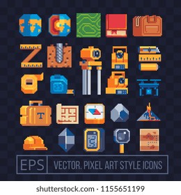 Geodesy Pixel Art Icons Set. Isolated Vector Flat Illustration. Design For Logo And App. Game Assets 8-bit Sprite. Map, Ruler, Theodolite, Compass, Magnifier, Helmet, Suitcase, Tools And Draft.