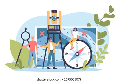 Geodesy science concept. Land surveying technology. Engineering and topography equipment. People with compass andmap. Vector illustration in cartoon style