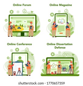 Geodesy science online service or platform set. Land surveying technology. Engineering and topography equipment. Online forum, magazine, conference, dessertation defense. Vector illustration