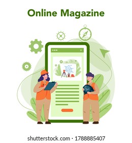 Geodesy science online service or platform. Land surveying technology. Engineering and topography equipment. Online magazine. Vector illustration