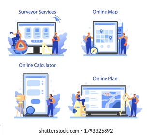 Geodesy science online service or platform set. Land surveying technology. Engineering and topography equipment. Online plan, map, calculator, surveyor service. Vector illustration in cartoon style